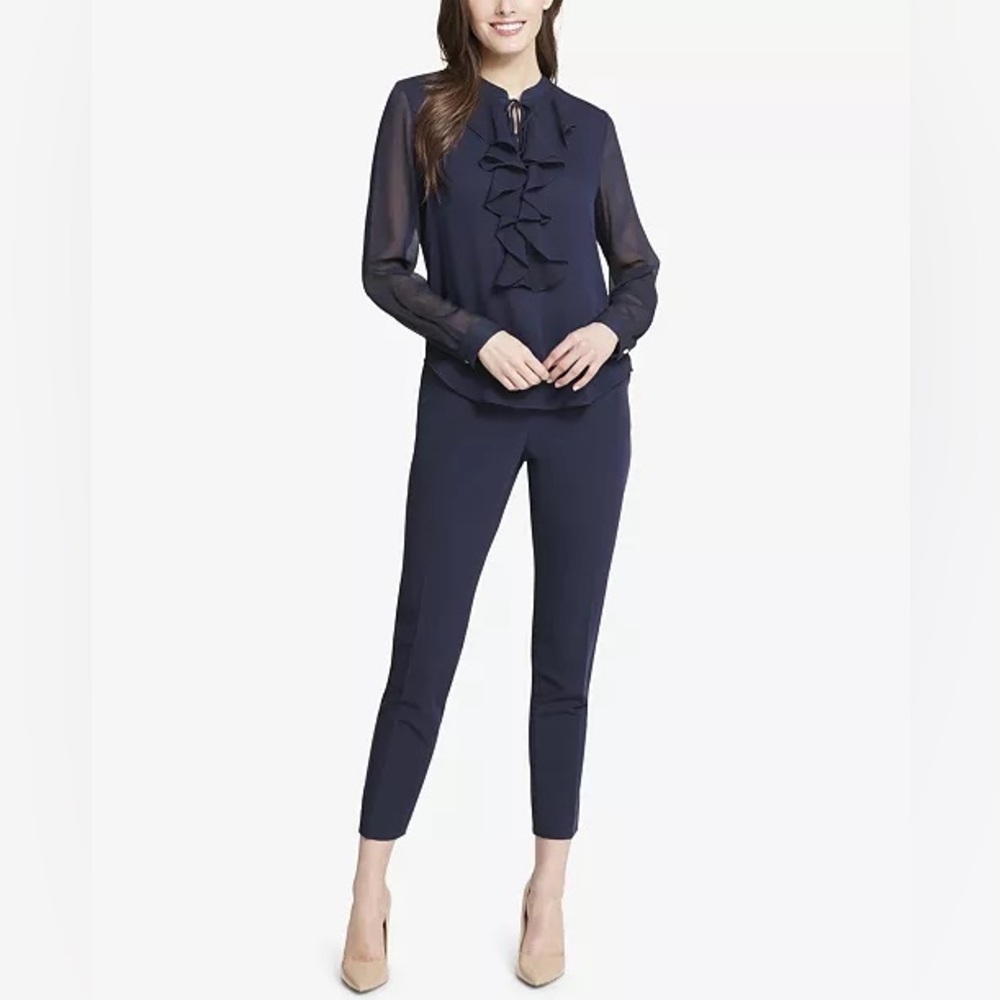 TOMMY HILFIGER Women's Classic Long Sleeve Ruffle Front Blouse Blouse - Midnight - Picture 3 of 11